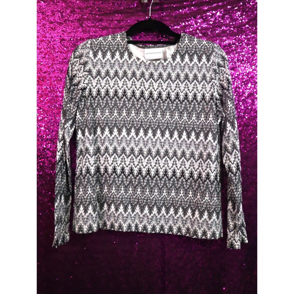 Black Silver Knit Top PS Alfred Dunner Women Metallic Lurex Chevron Leaf Pattern